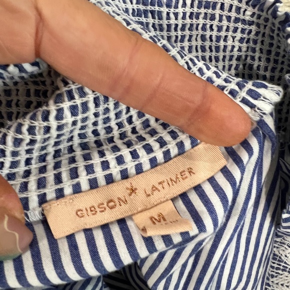 Gibson Latimer Blue Striped Off the Shoulder Top Lace Accent Size Medium - Picture 9 of 9